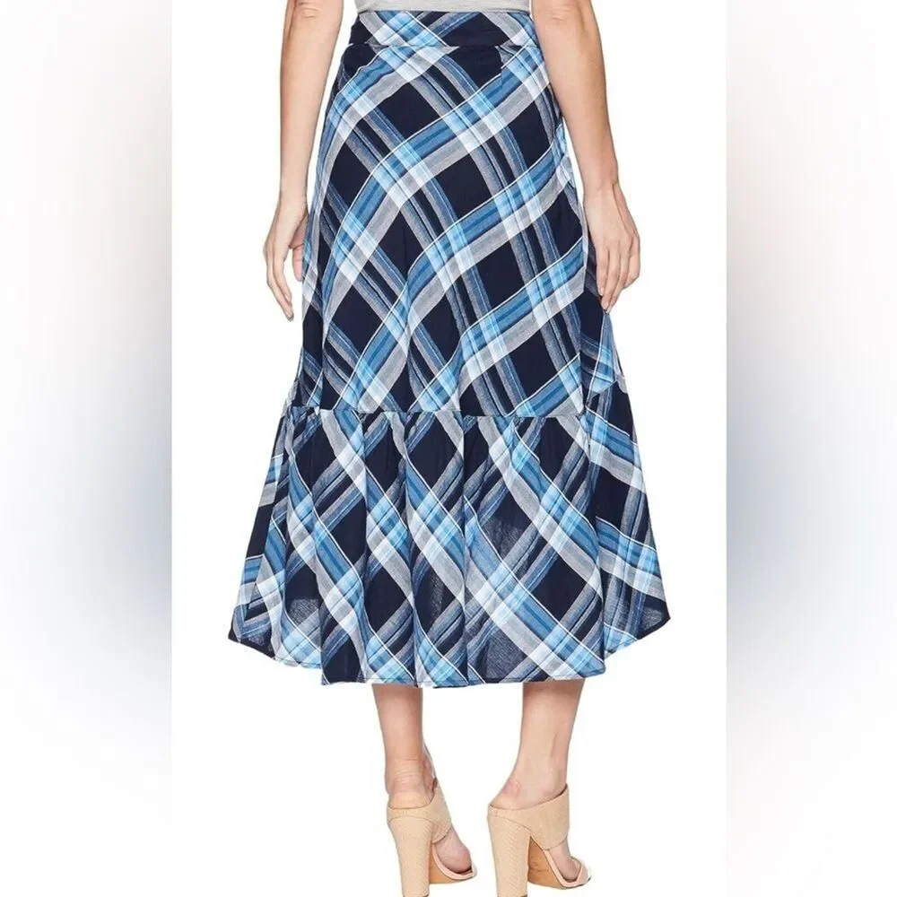 (K2) LAUREN RALPH LAUREN Asymmetrical Ruffle Skirt Navy Blue Midi Skirt, Sz L - Picture 3 of 16